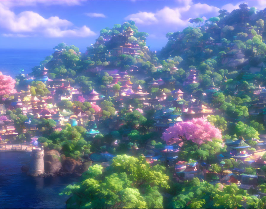 Fantastical landscape with pagoda-style buildings and cherry blossoms.