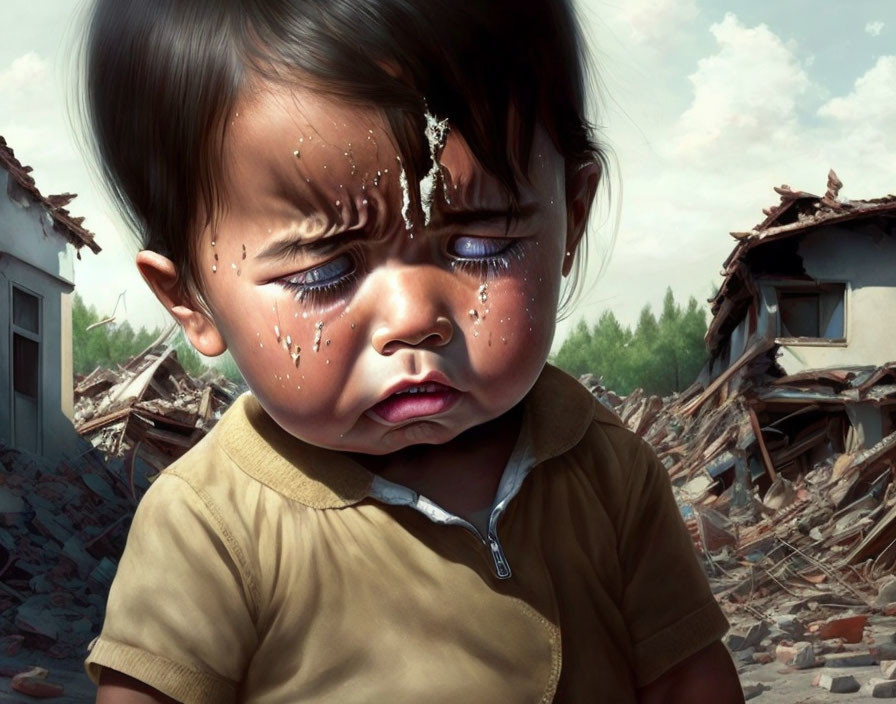 Digital artwork of teary-eyed toddler amid destroyed buildings