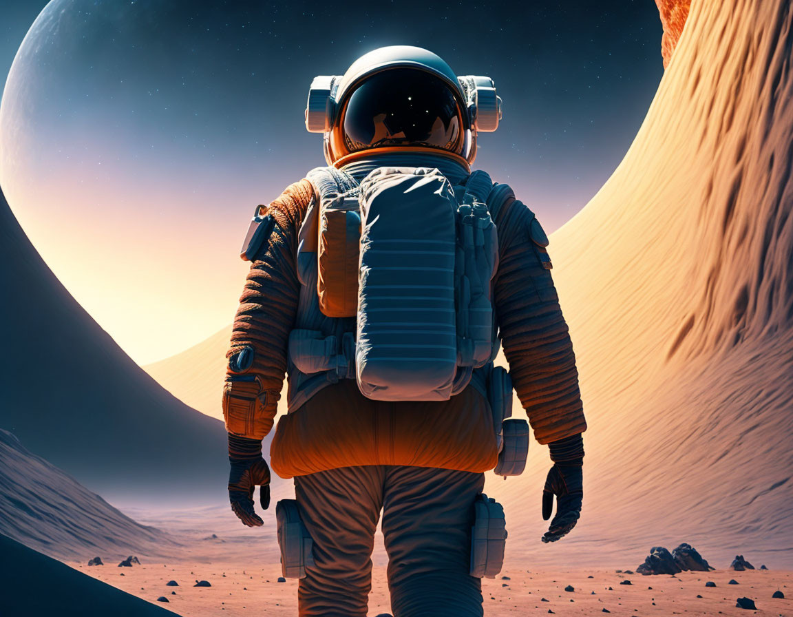 Astronaut on rocky Mars-like planet with large horizon planet under red sky