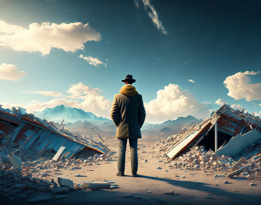 Person in coat and hat in ruined landscape under starry sky with mountains.