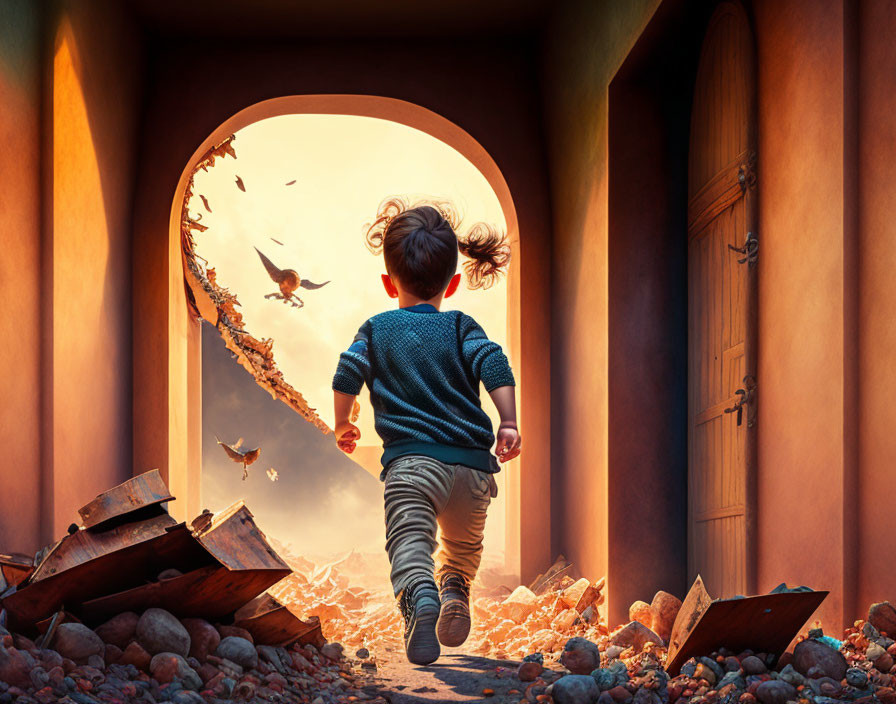 Child Running Through Arched Doorway to Fantastical Outdoor Scene