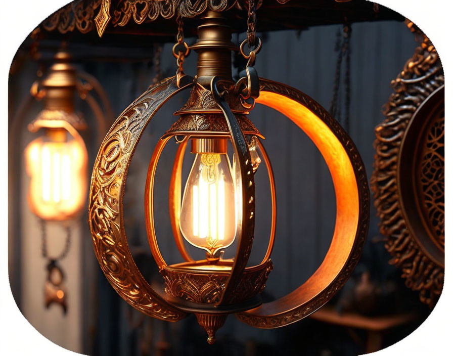 Vintage Style Lantern with Glowing Filament Bulb and Chain Suspension
