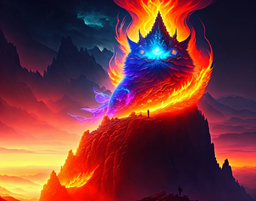 Person watching fiery phoenix rise over mountains in vibrant sky