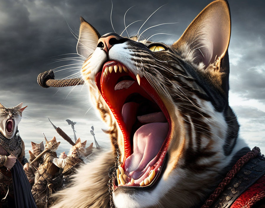 Enormous cat dominates medieval battlefield with roaring mouth and armed warriors.