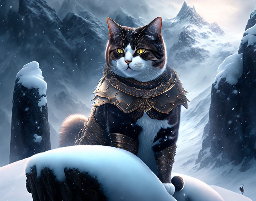 Black and white cat in gold-trimmed armor on snowy ledge with mountain peaks
