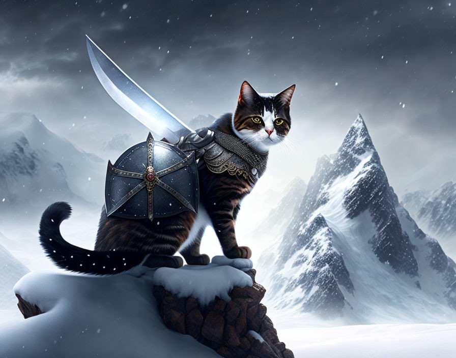 Cat in armor wields sword on snowy mountain rock