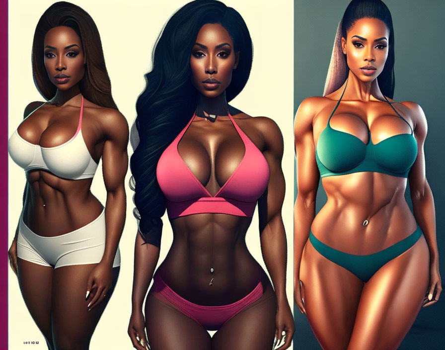 Stylized digital female character in sporty bikinis - 3 poses & colors