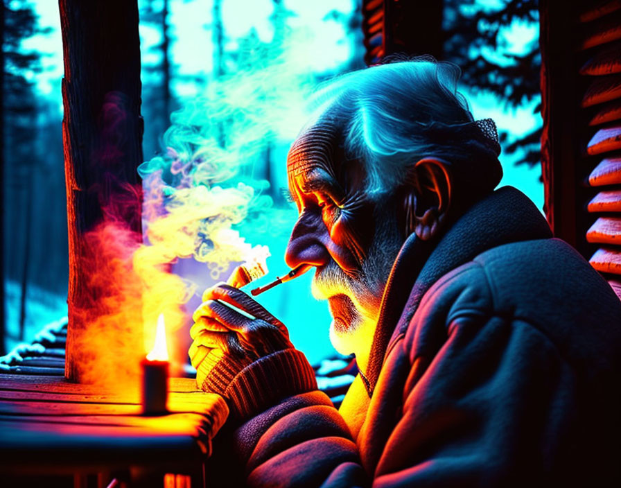 Elderly person with white beard smoking pipe indoors with twilight forest backdrop.