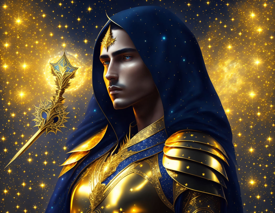 Mystical figure in starry cloak with golden armor and magical staff