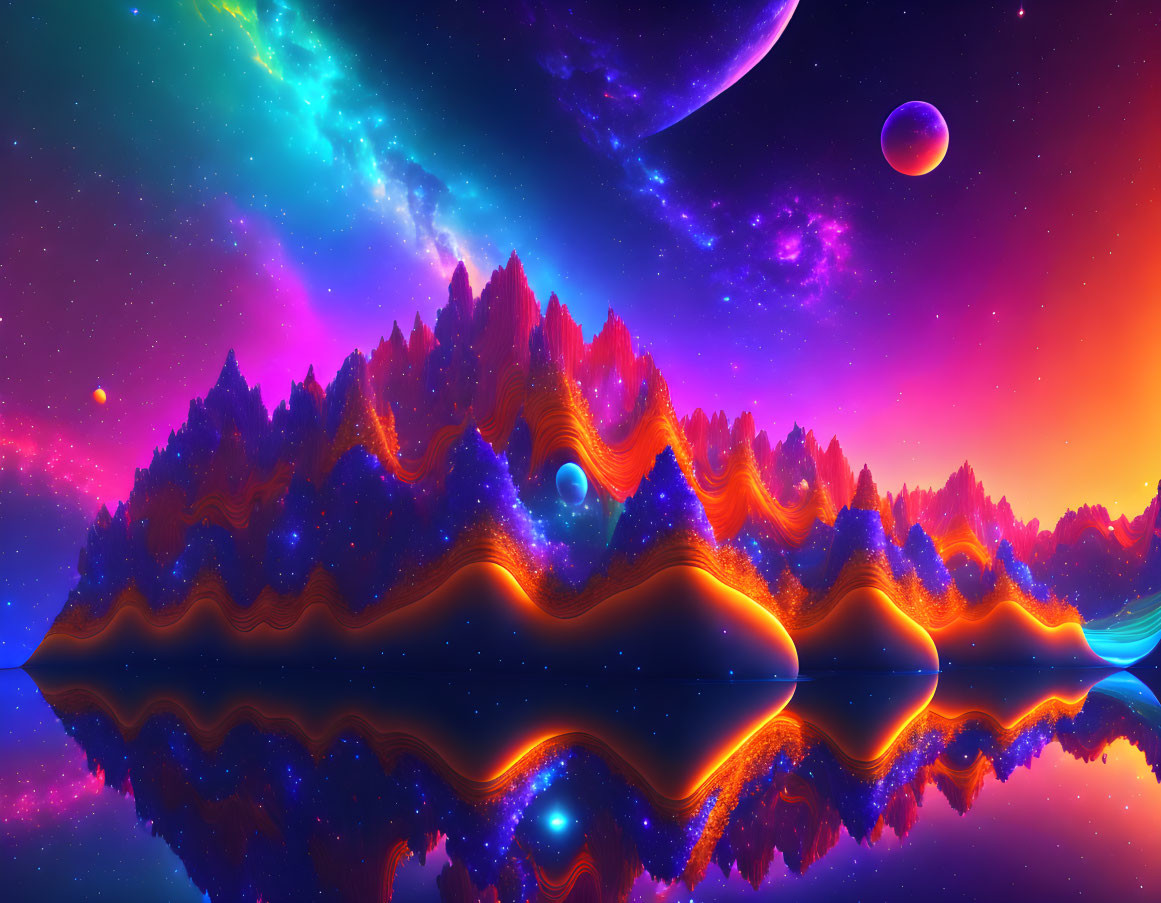 Neon-lit forested island with cosmic sky and colorful nebulae