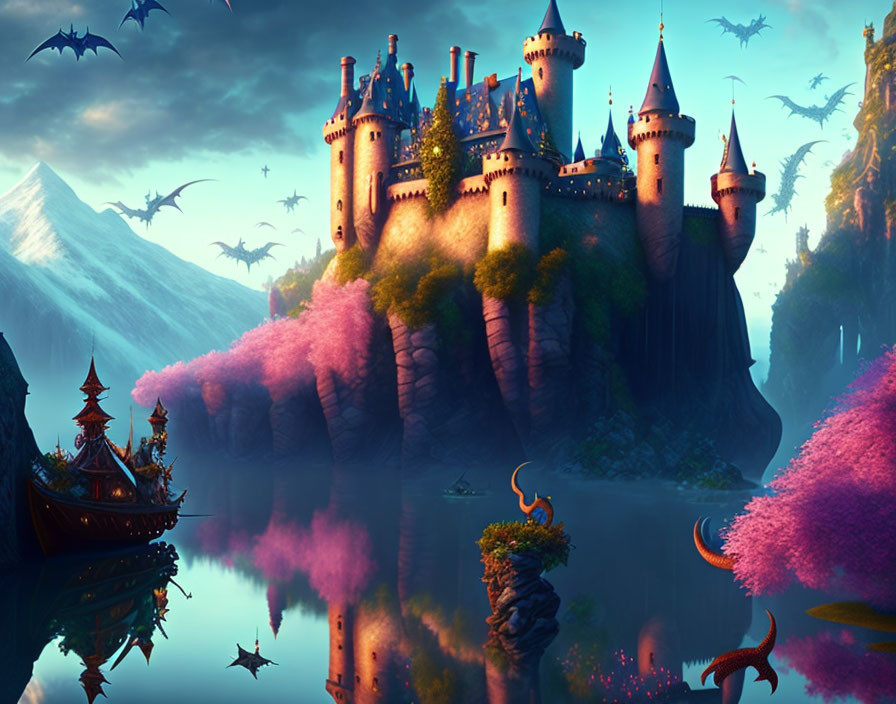 Fantasy castle on cliff with dragons, colorful flora, reflective lake, and galleon.