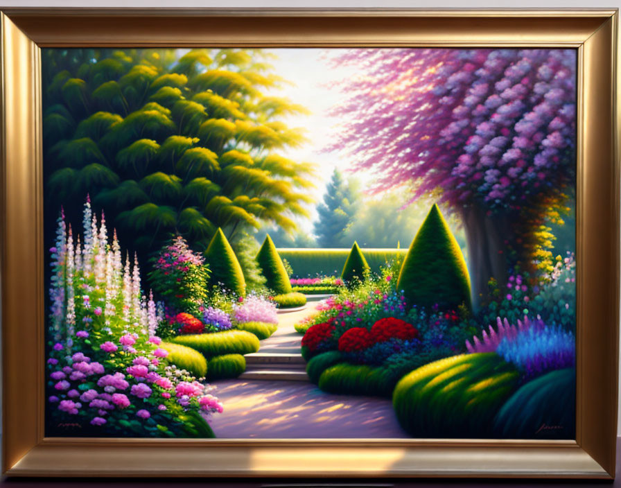 Colorful Garden Path Painting with Lush Flowers & Trees
