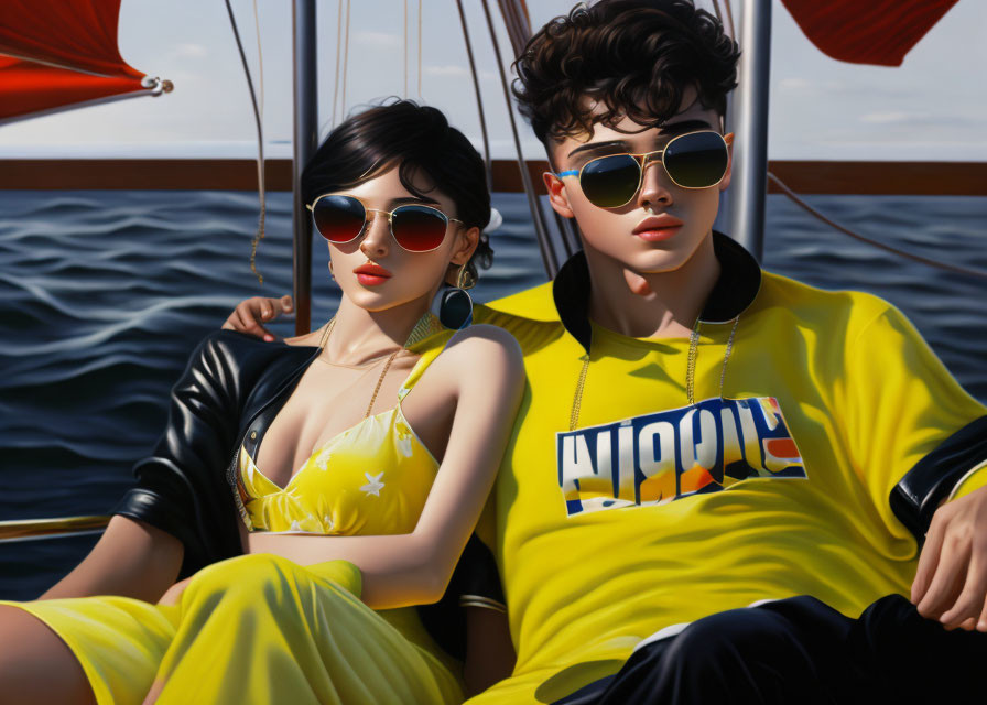 Stylish individuals in sunglasses and yellow outfits on boat with blue sea
