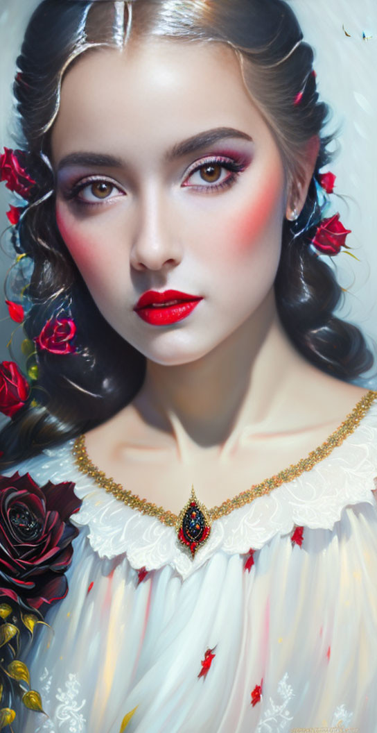 Portrait of Woman with Braided Hair and Red Flower Adornments