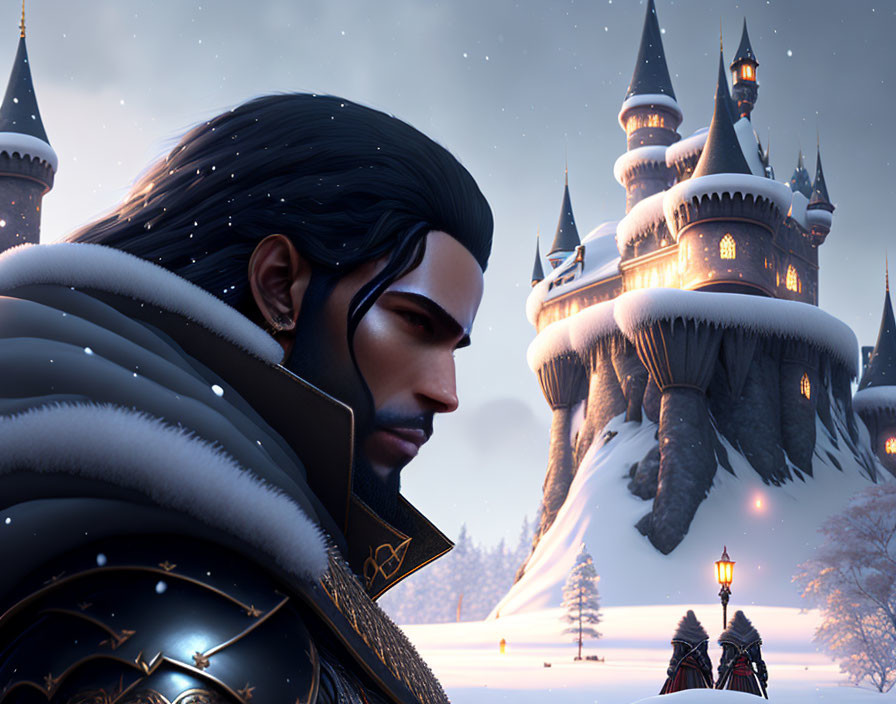 Animated character with long dark hair in front of snowy castle at dusk