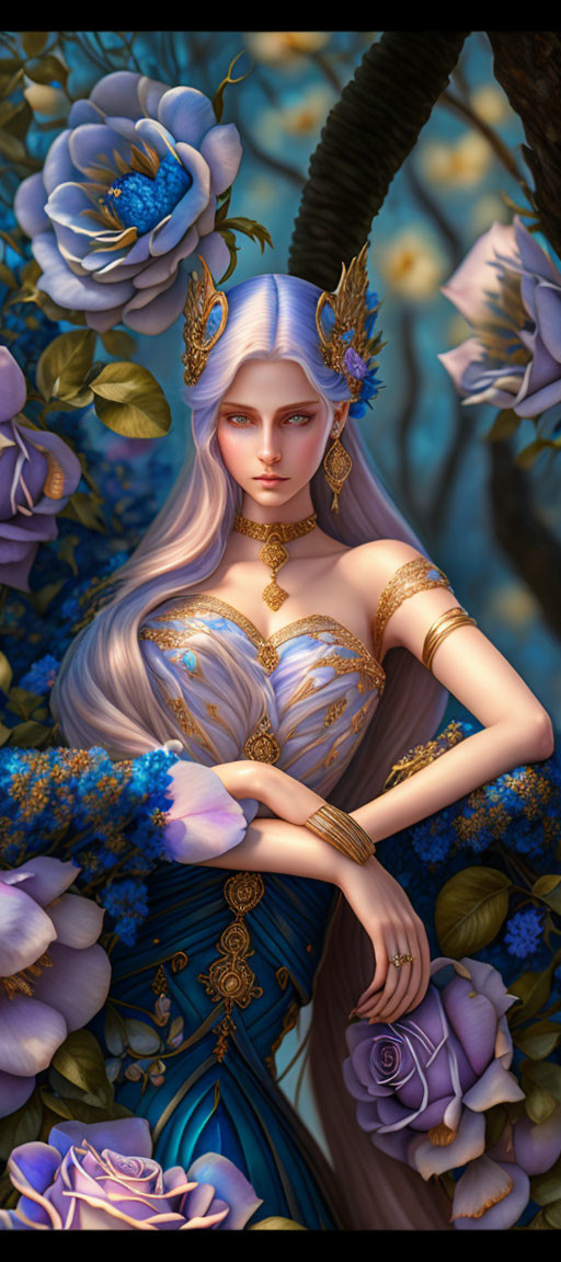 Ethereal woman with silver hair in blue and gold dress among blue roses