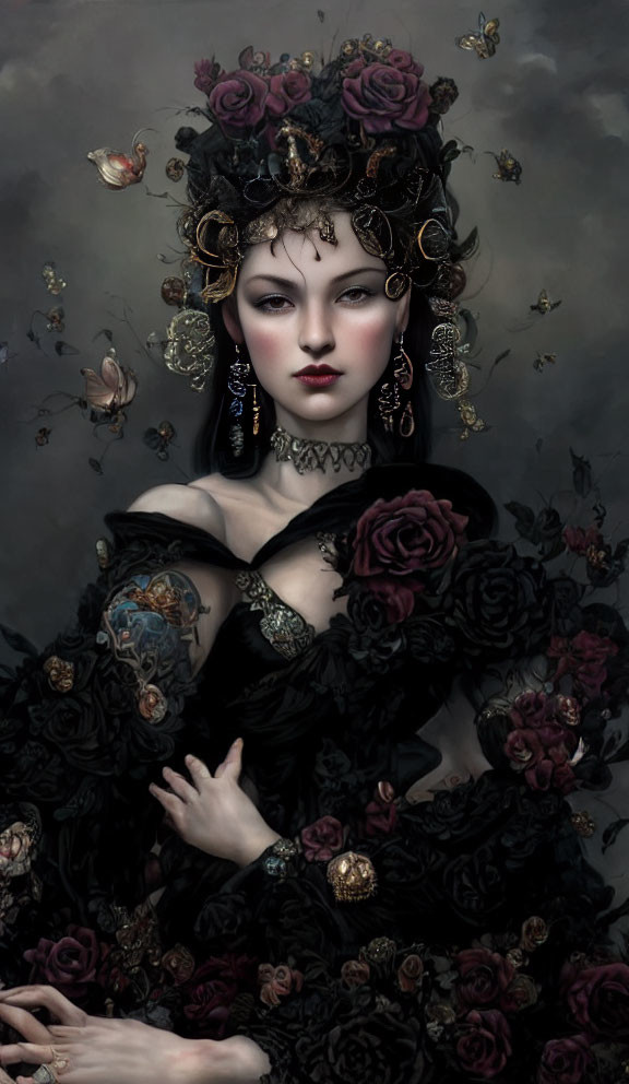 Victorian-inspired gothic portrait of a woman with dark roses and butterflies