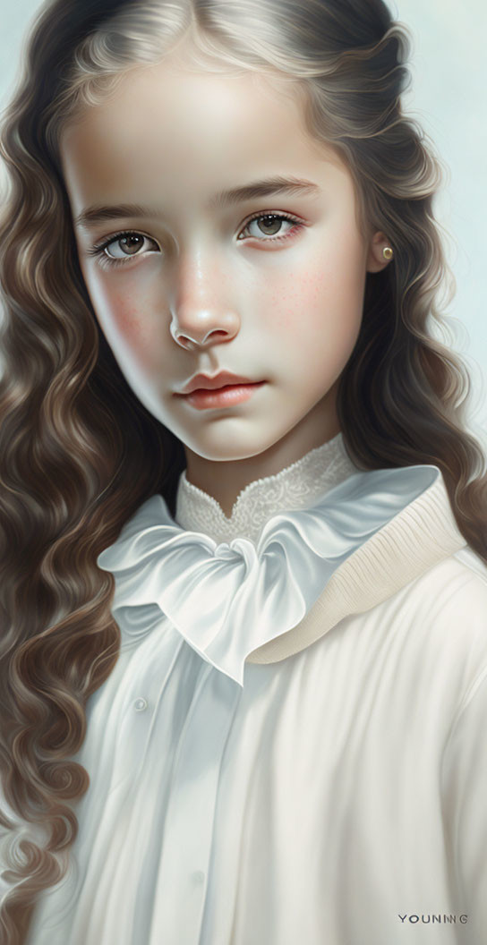 Young girl with curly hair and white blouse digital portrait by YOUNING