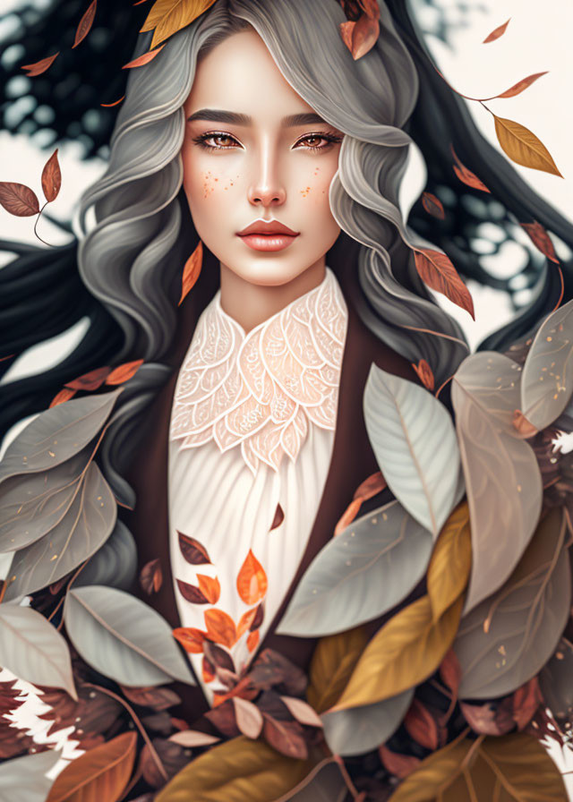 Digital portrait of woman with grey hair and autumn leaf adornments.