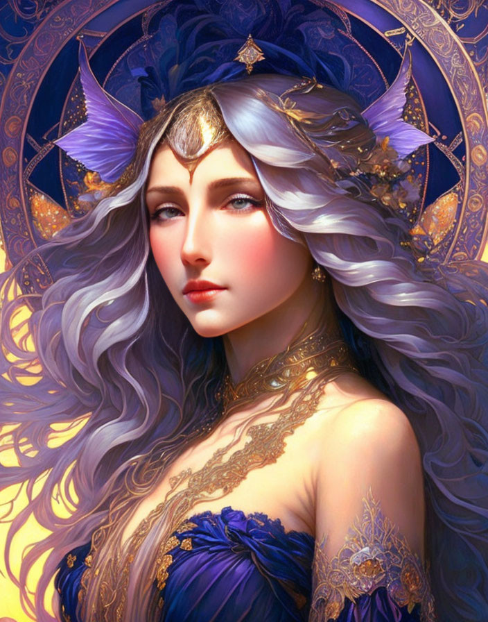 Fantastical artwork: Woman with silver hair, golden crown, and royal purple dress.