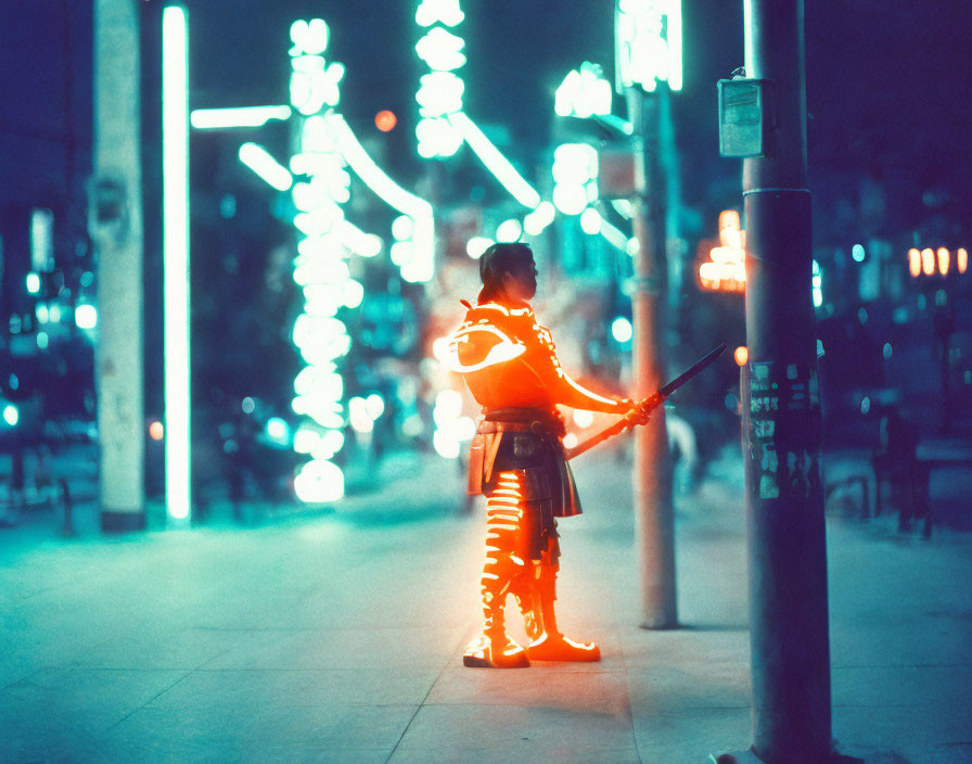 Futuristic armored person on neon-lit street with cyberpunk weapon