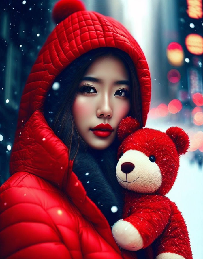 Beautiful girl in red with teddy bear