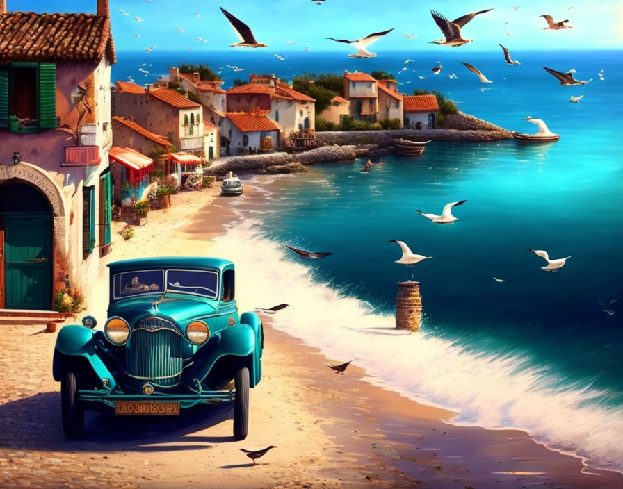 Vintage Green Car Parked by Vibrant Seaside with Seagulls and Colorful Buildings