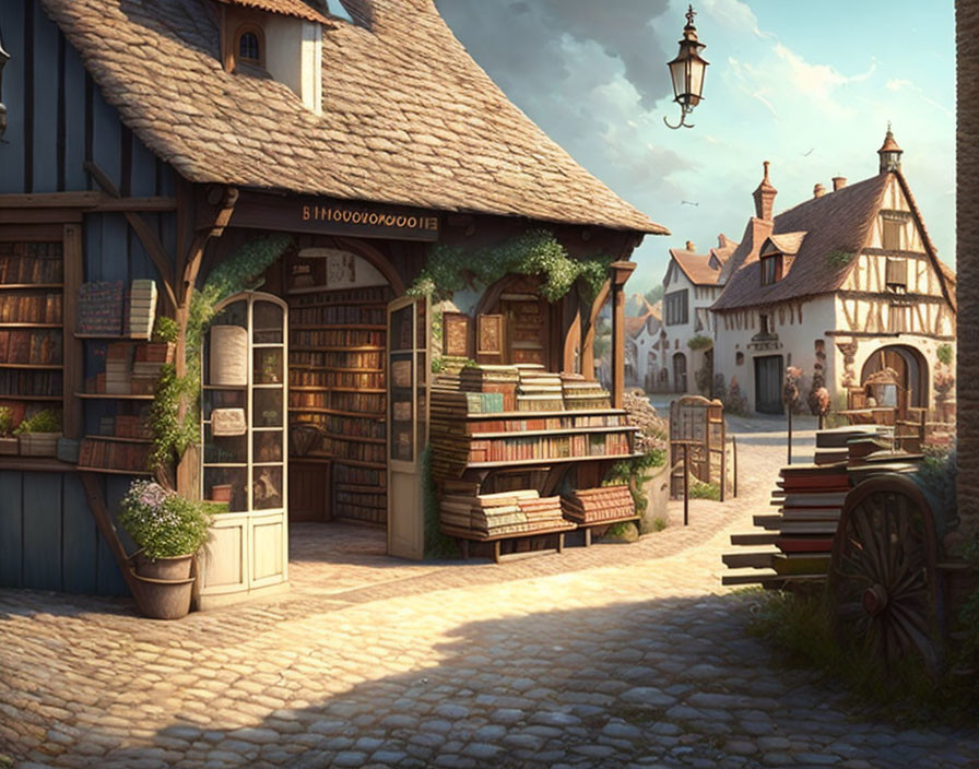 Historical village scene with cobblestone street, bookstore, and old-style lamps