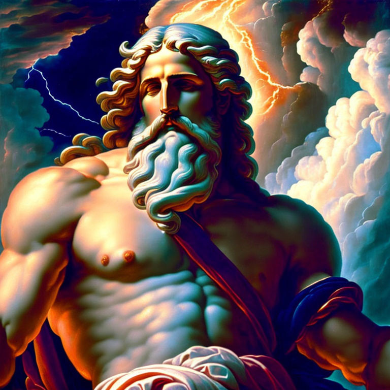 Muscular, Bearded Figure with Lightning in Clouds Illustration