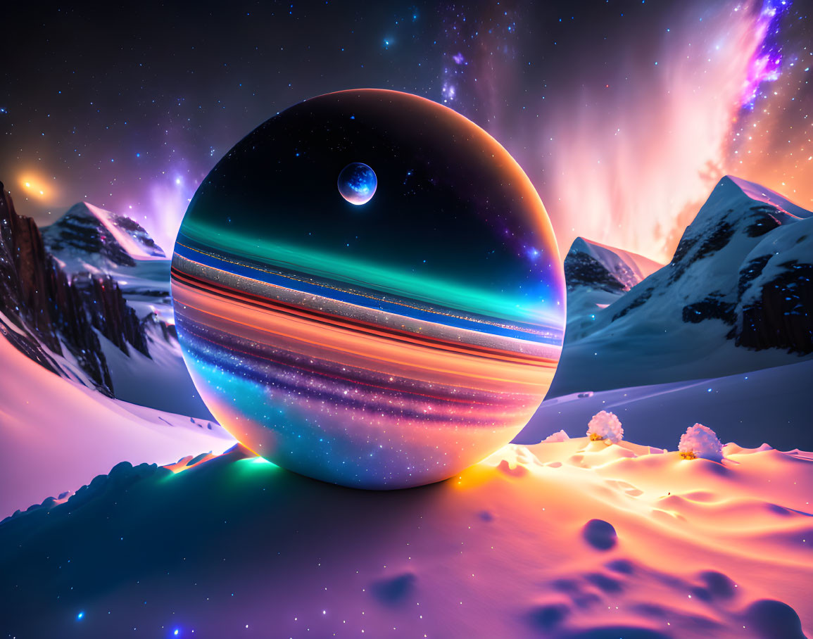 Colorful cosmic landscape with reflective sphere and surreal planetary scene under starry sky.