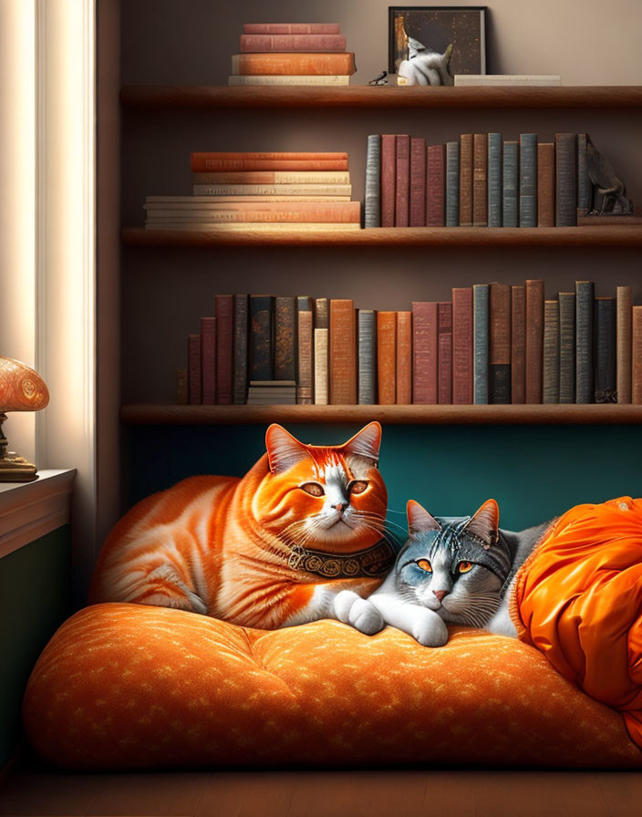Two cats relaxing on orange cushion near bookshelf, one orange and one gray, serene ambiance.