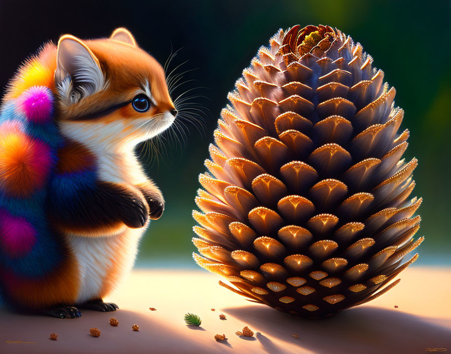 Colorful Cartoon Fox Examining Detailed Pinecone on Sunlit Surface