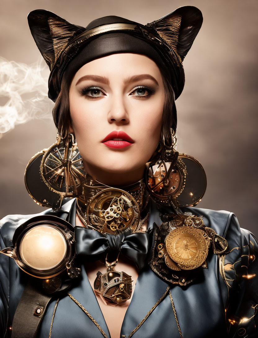 Steampunk woman with cat-ear headband and clockwork accessories on smoky background