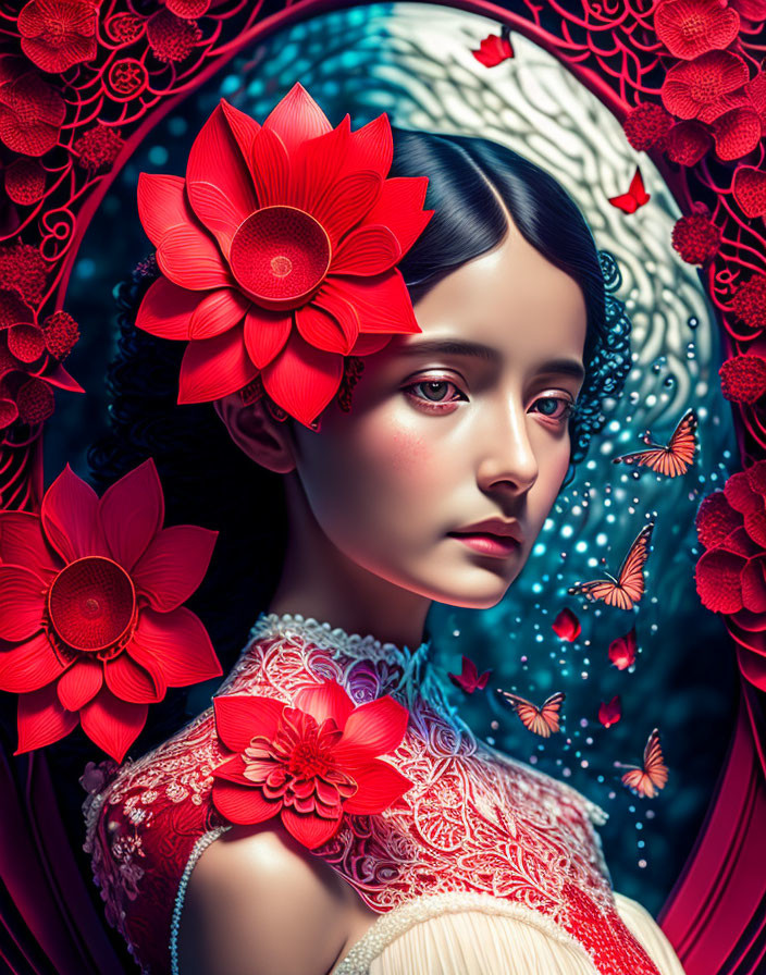 Stylized portrait of girl with red flowers and butterflies in intricate digital artwork