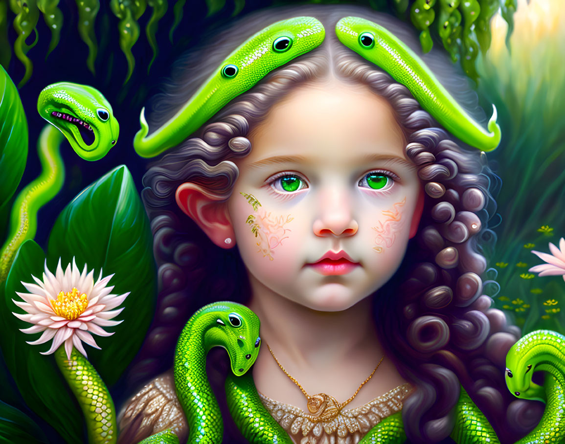 Young girl with curly hair surrounded by green snakes and lotus flowers, featuring intricate facial markings and a