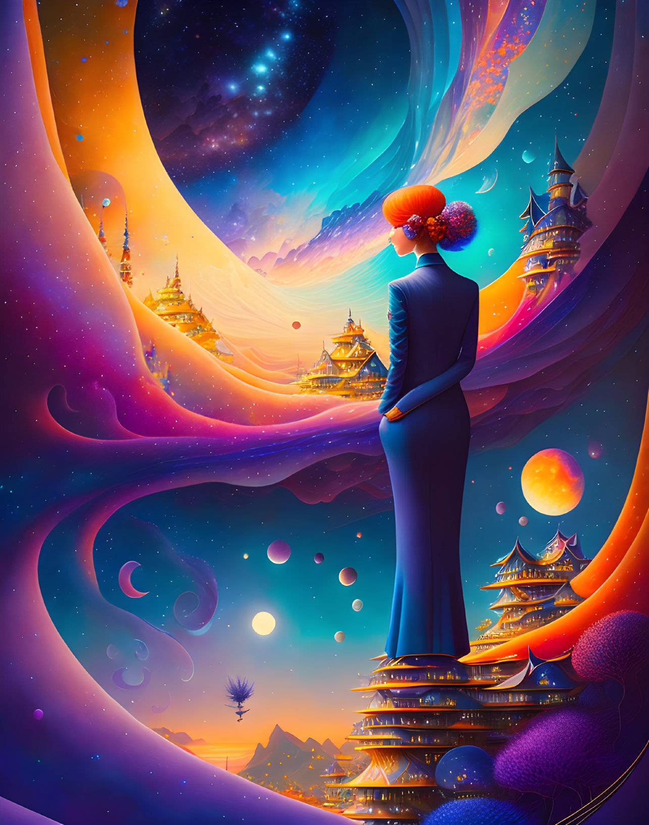 Colorful digital artwork: Person with stylish updo in cosmic scene
