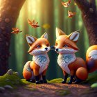 Stylized foxes conversing in forest with smaller animals and butterflies