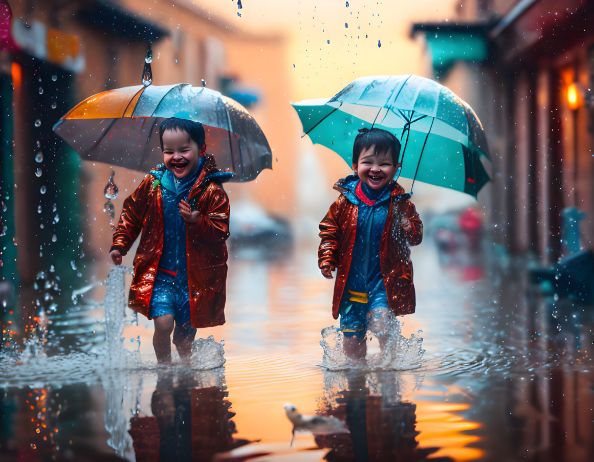 Kids play in a puddle
