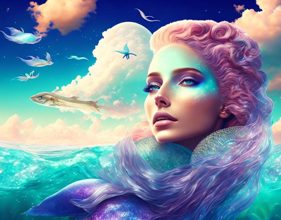 Vibrant pink and blue hair woman with birds and fish in dreamy setting