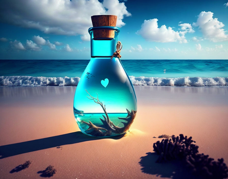 Digital artwork featuring potion bottle with heart symbol on beach with seascape against vibrant sky
