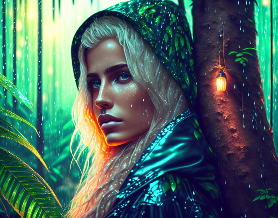 Person with blue eyes in green cloak in mystical, rain-soaked forest with lanterns