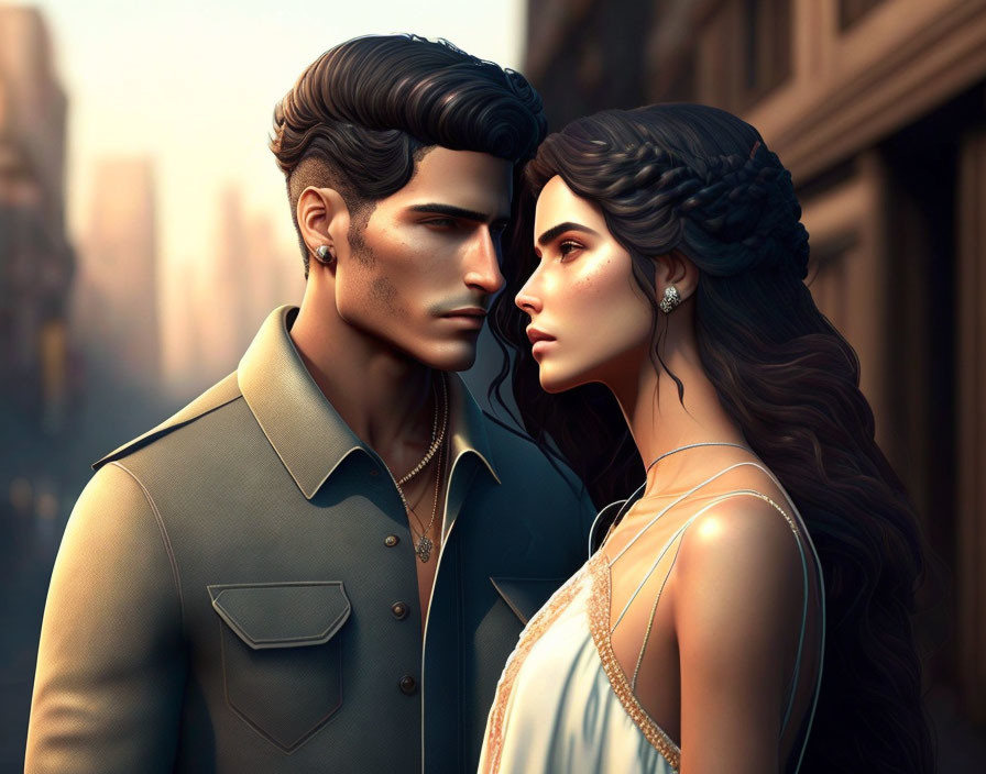 Stylized man and woman digital artwork with detailed hair and clothing