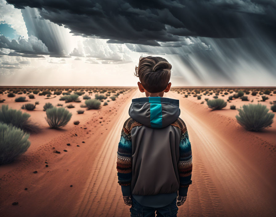 Boy standing on sandy path gazing at dramatic desert under cloudy sky with sun rays.