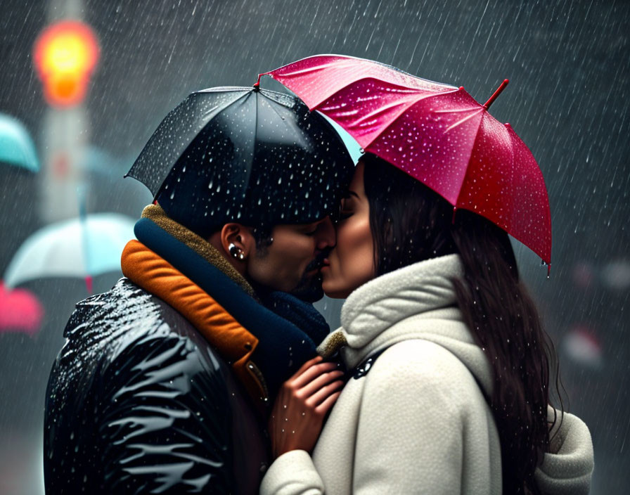 Romantic rainy street scene with two people kissing under umbrellas