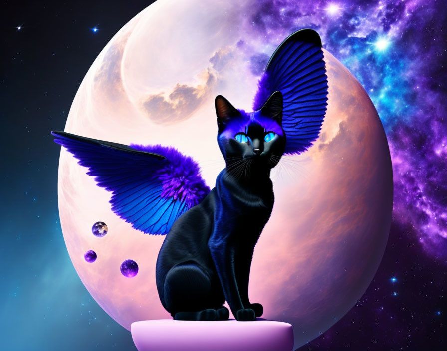 Black cat with blue wings under pink moon in starry space