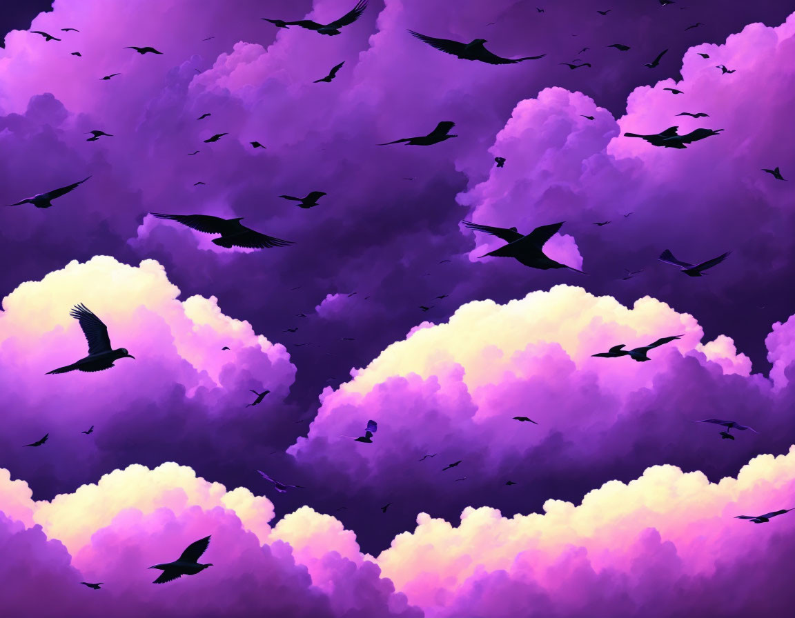 Birds flying in purple and orange cloudy sky scene
