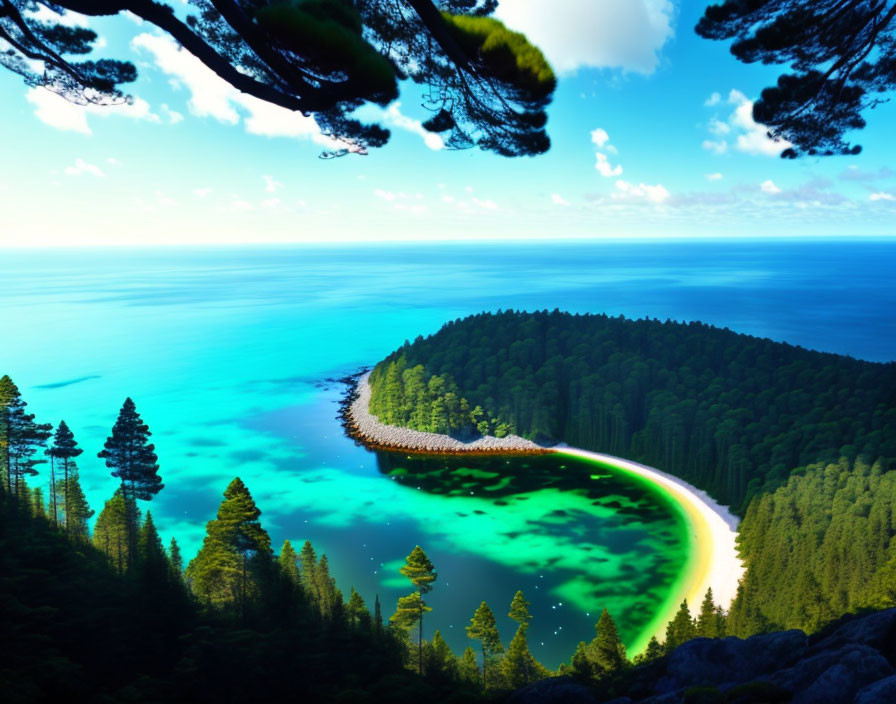 Scenic coastal landscape with forested cape and turquoise waters