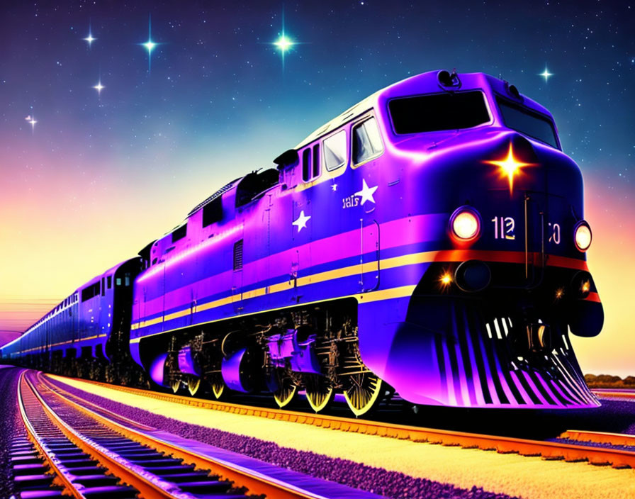 Vibrant digital image: Blue train with star motifs, headlights on, traveling on tracks at twilight