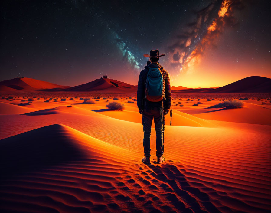 Cowboy-hatted figure in desert twilight under starry sky.