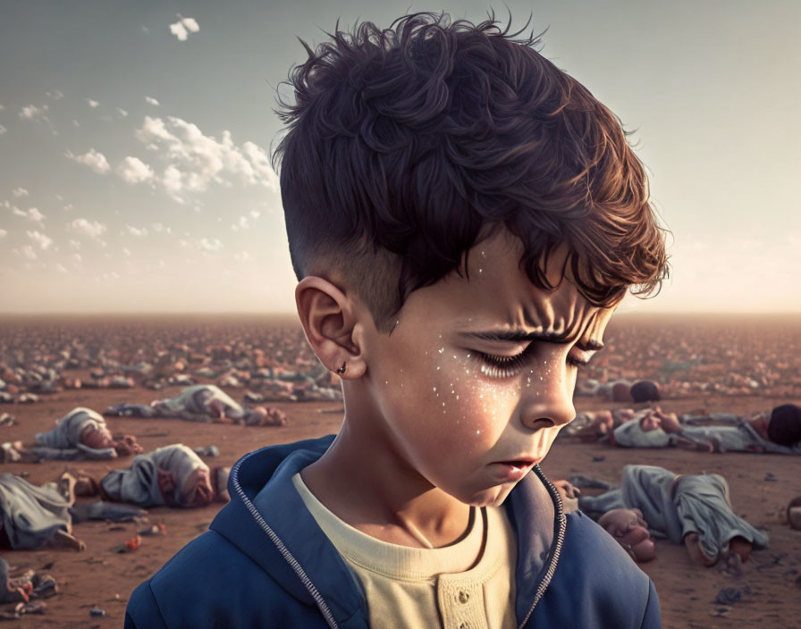 Curly-Haired Boy Stands in Foreground with Prone Figures in Desolate Landscape